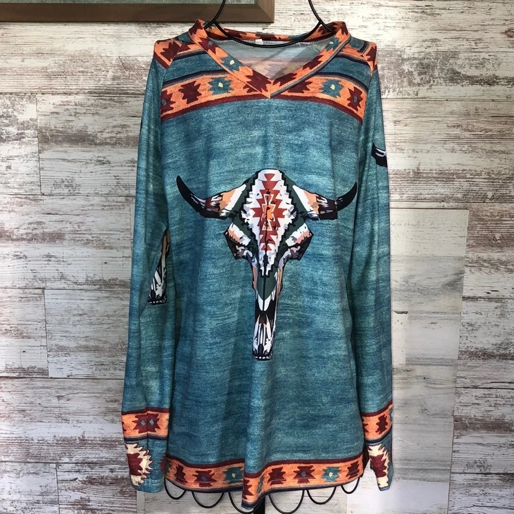 Boho western print long sleeve top size small country western rodeo Aztec tribal - Picture 1 of 6